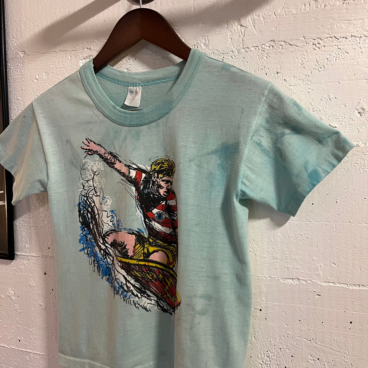 Vintage Distressed 80’s Surfing Single Stitch Graphic Baby T-Shirt - Size Youth Medium - Made In USA - Baby Blue/Multi