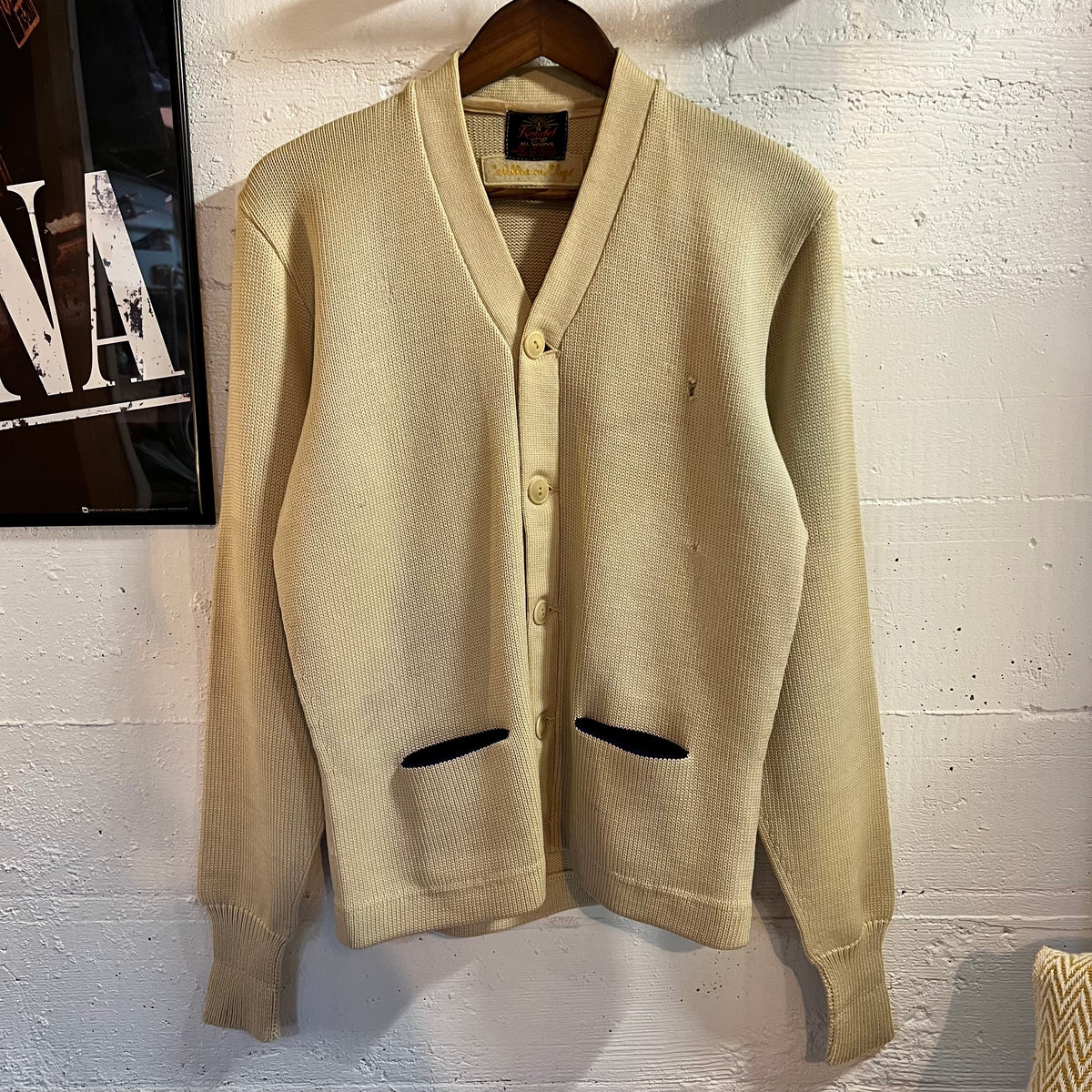 True Vintage Distressed 1950's Kandel Knitting Mills Virgin Wool Varsity Letterman Cardigan Sweater - Size Large - Made In USA - Off-White/Cream/Purple