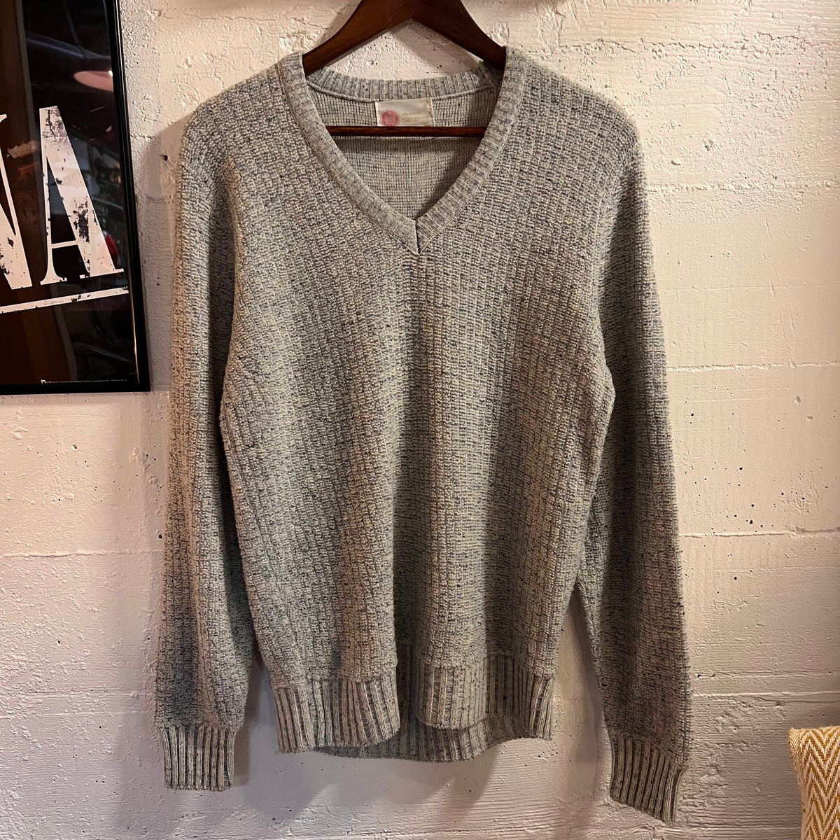Vintage 70’s Sears Kings Road Vertical Ribbed Flecked Tweed V-Neck Knitted Sweater - Size Medium - Blue/Grey/Multi