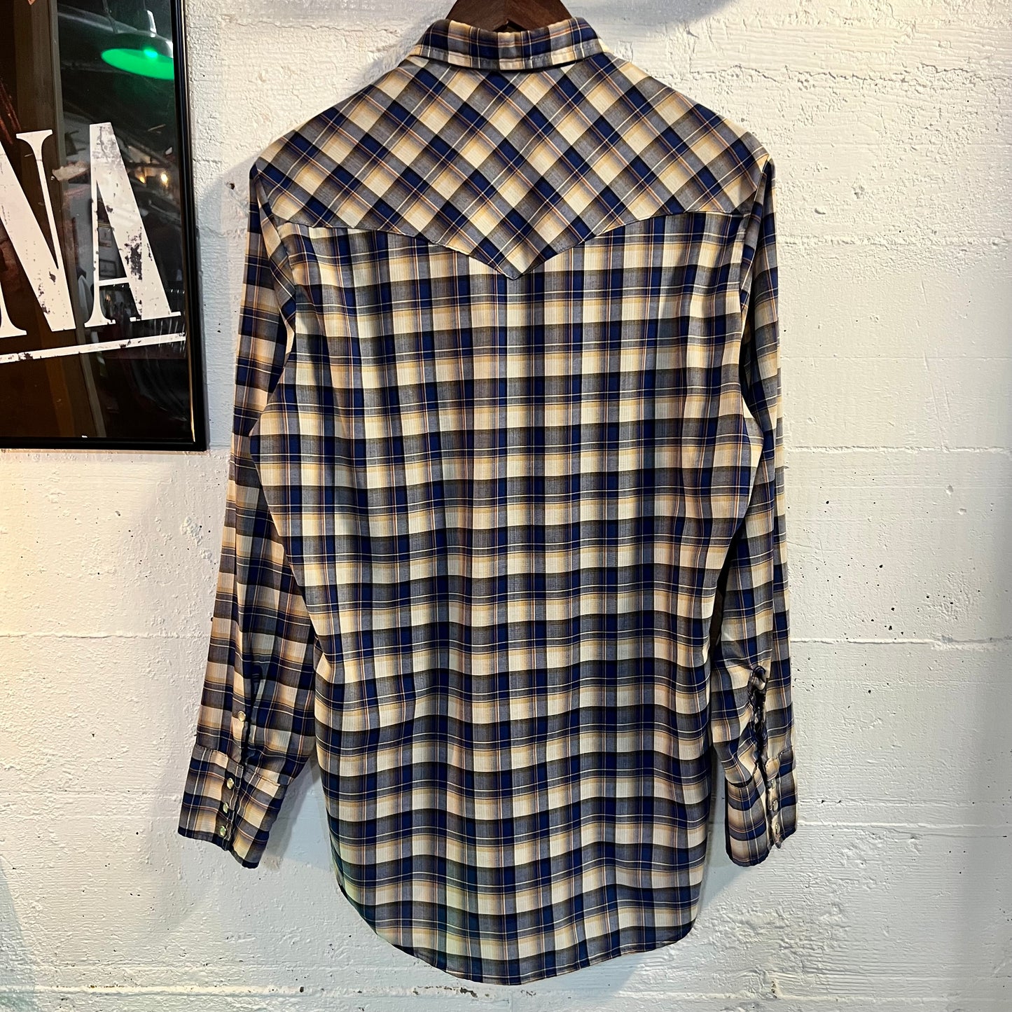 True Vintage 60's - 70's Sears Western Wear Plaid Pearl Snap Flannel - Size Medium - Made In USA - Blue/White/Yellow/Orange