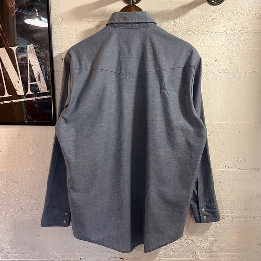 Vintage 70's/80's Red Kap Long Sleeve Chambray Western Yoke Pearl Snap Work Shirt - Size Large - Made In USA - Light Blue