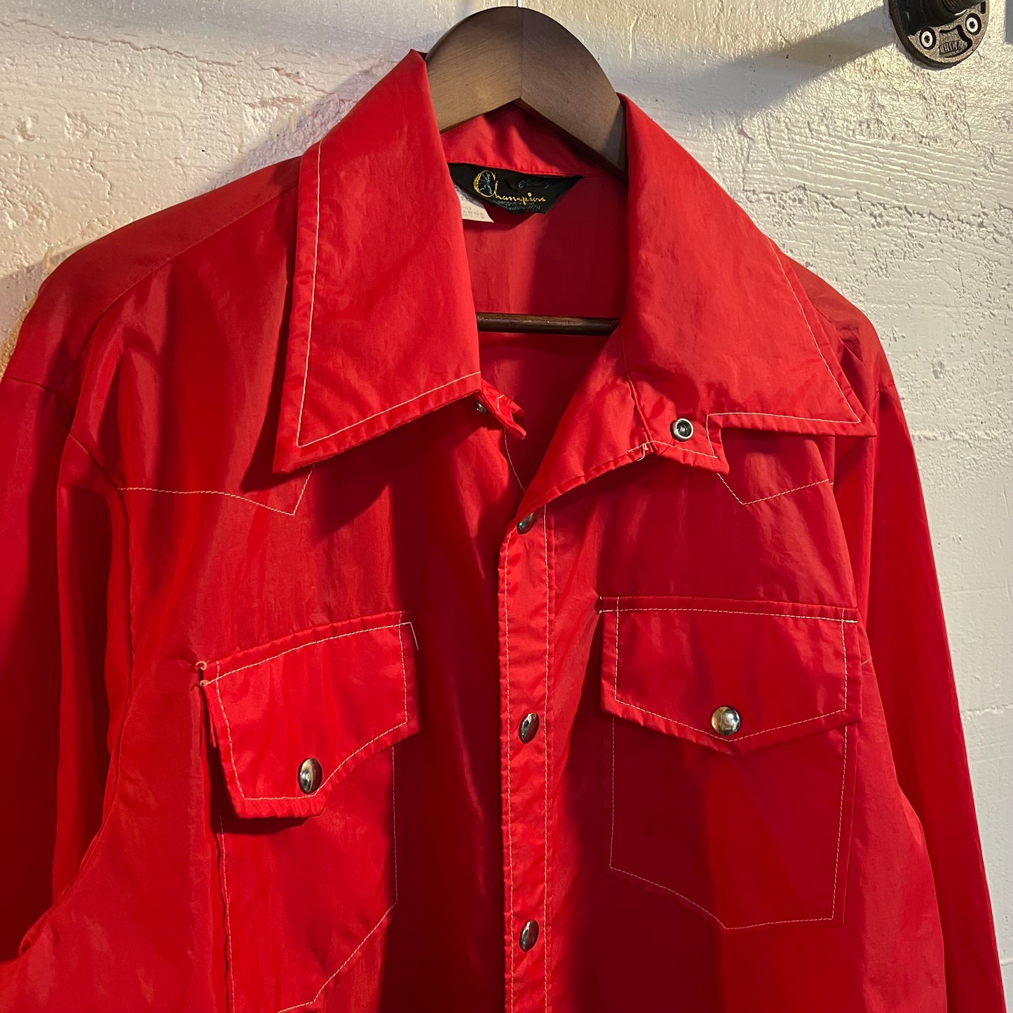 True Vintage 60's Champion Running Man Rodeo Style Button Snap Nylon Jacket - Size XL - Made In USA - Red/White