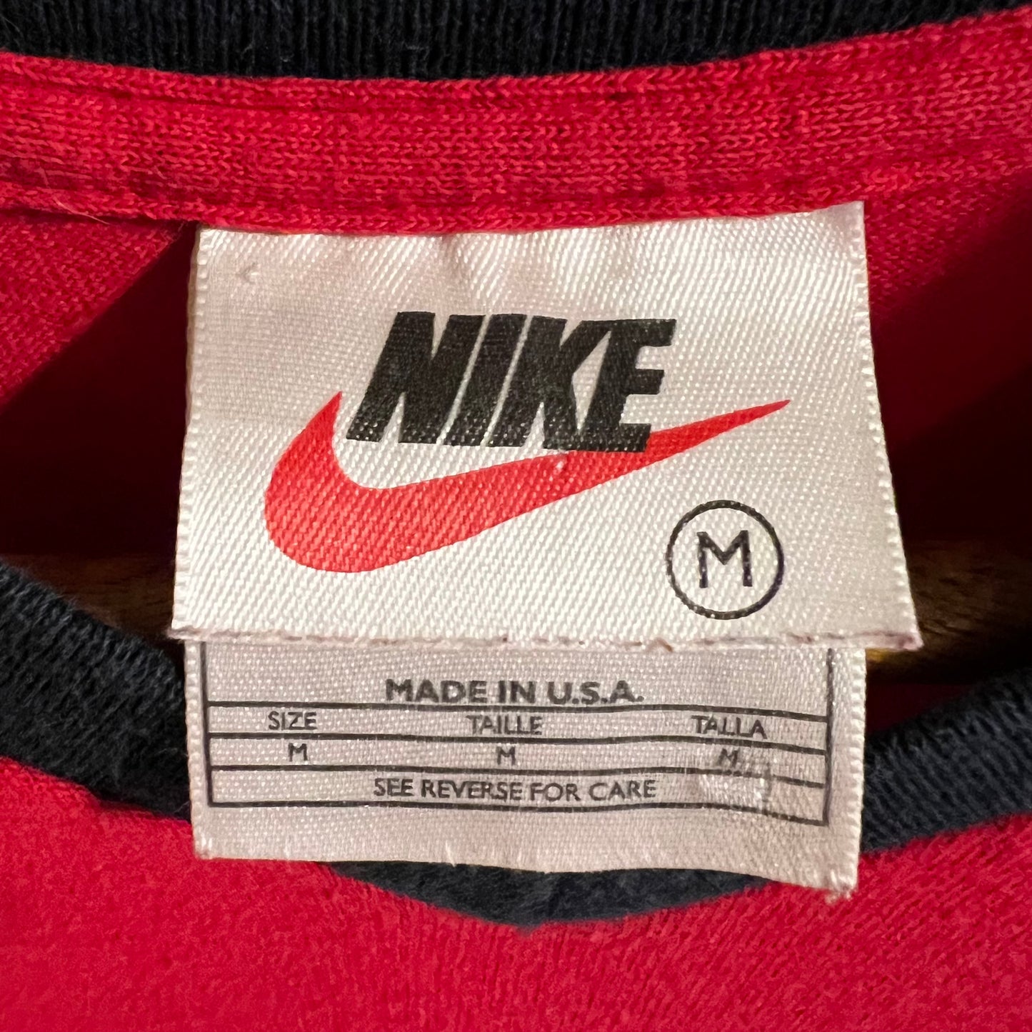 Vintage 90’s Embroidered Nike V-Neck Ringer Baby Tee - Size Medium - Made In USA - Red/Black/White