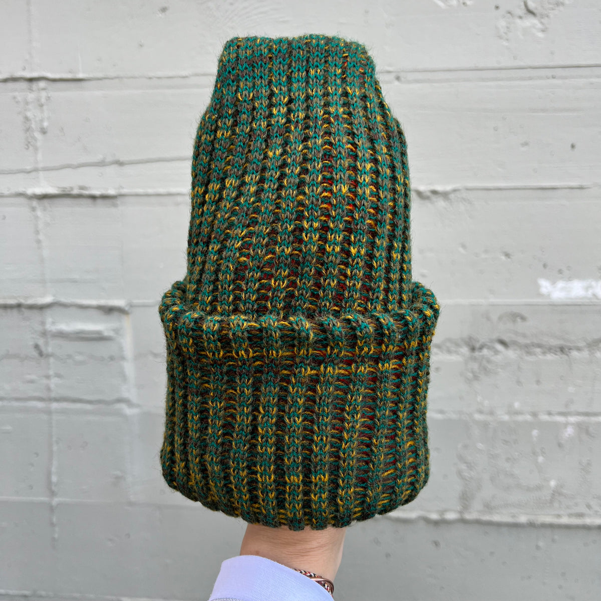 True Vintage Deadstock 1970's Marled Yarn Knit Reversible Stocking Cap Beanie - O/S - Forest Green/ Blaze Orange