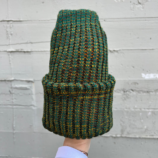 True Vintage Deadstock 1970's Marled Yarn Knit Reversible Stocking Cap Beanie - O/S - Forest Green/ Blaze Orange