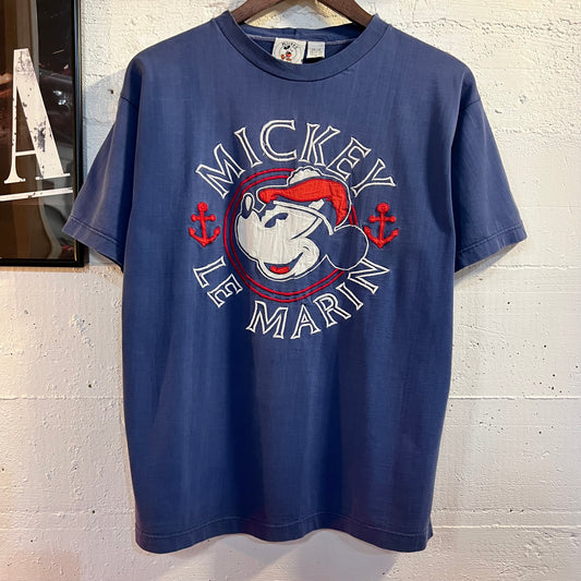 Vintage 90’s Embroidered Disney Mickey ‘Le Marin’ T-Shirt - Size Large - Blue/White/Red