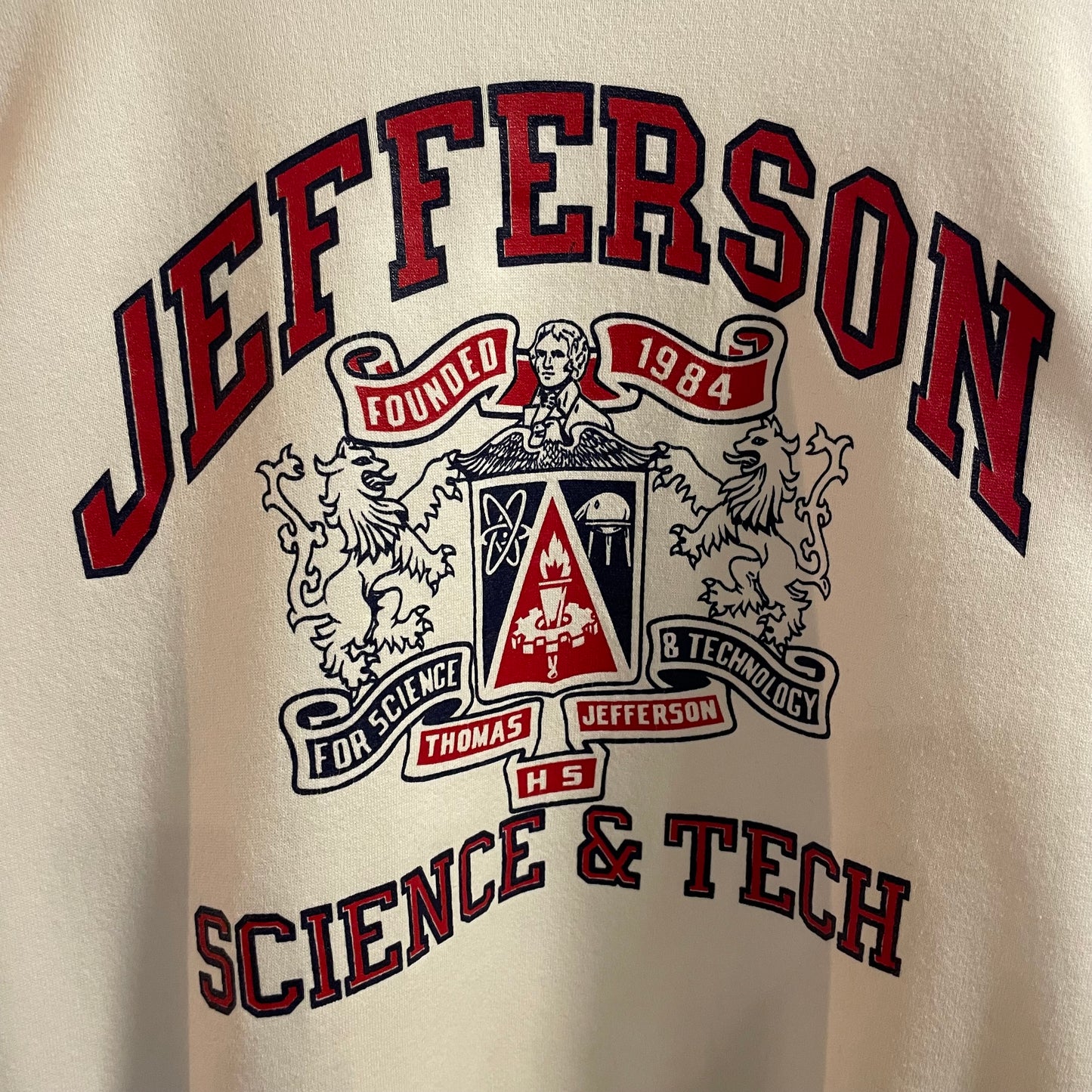 Vintage 90’s Jerzees Jefferson Science & Tech HS Crewneck Sweatshirt - Size Small - Made In USA - White/Navy/Red