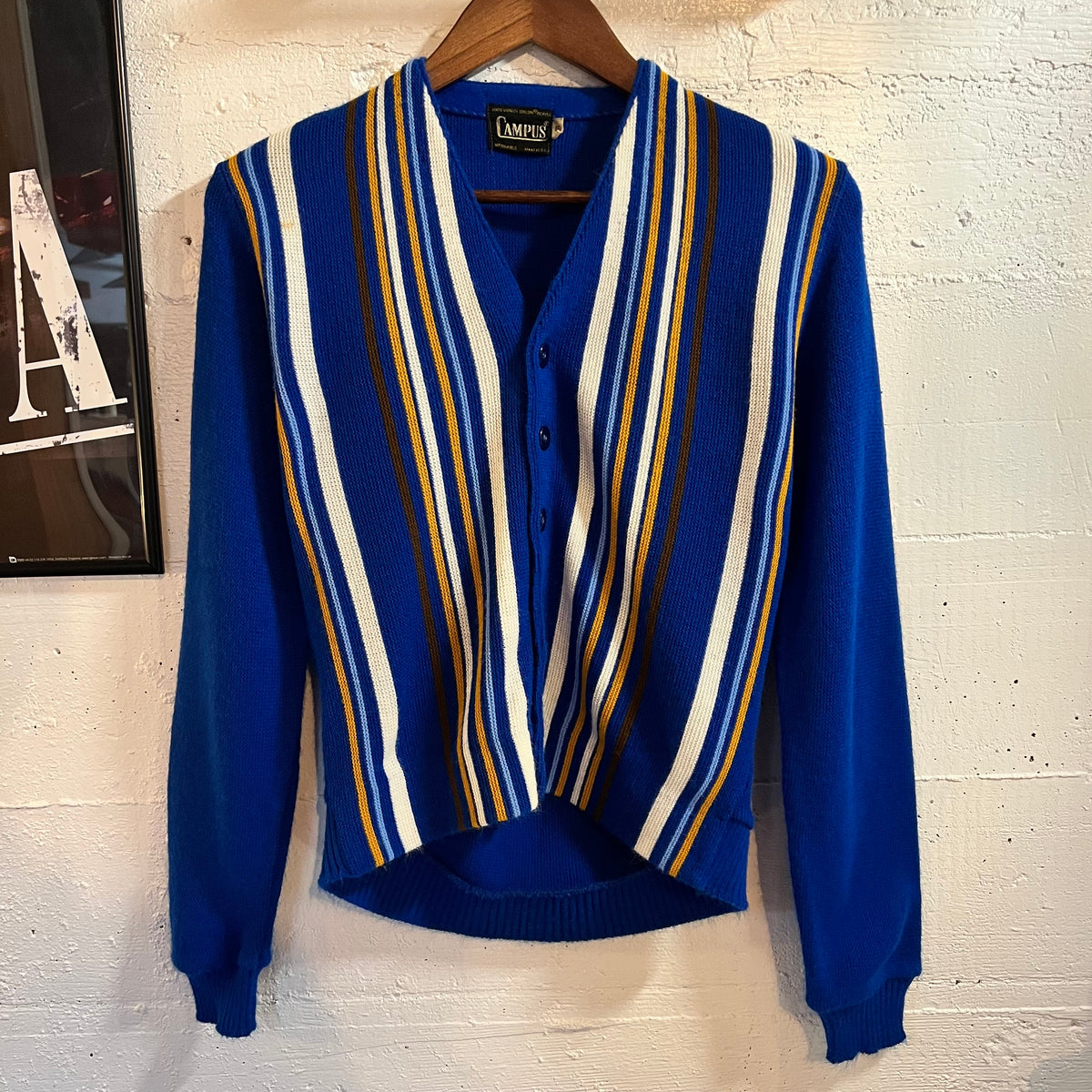 Vintage 60’s Campus Vertical Striped Knitted Cardigan Sweater - Size Youth XL (16) - Made In USA - Royal Blue/Multi