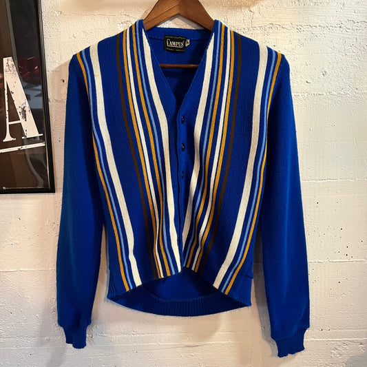 Vintage 60’s Campus Vertical Striped Knitted Cardigan Sweater - Size Youth XL (16) - Made In USA - Royal Blue/Multi