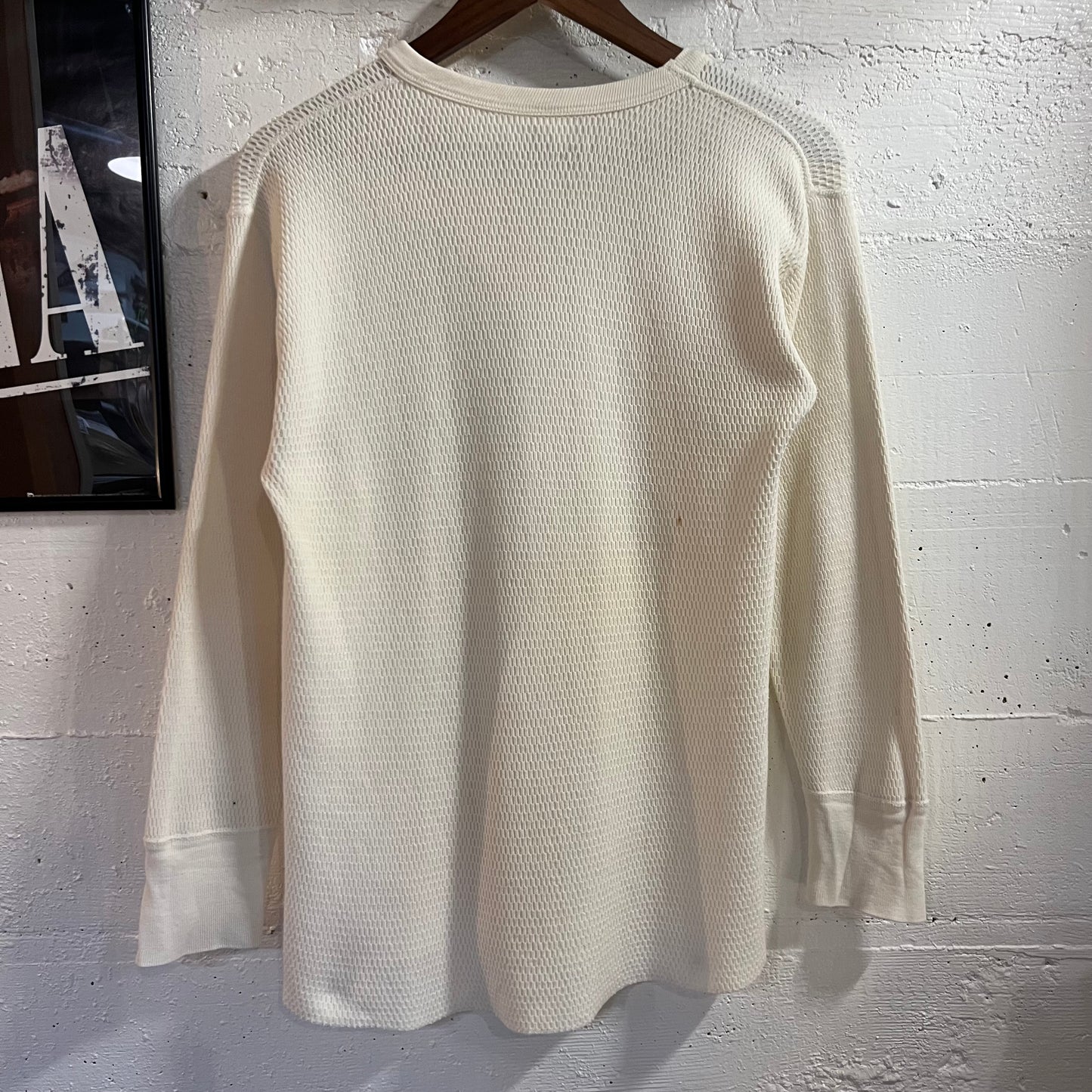 Vintage 1970’s Distressed K-Mart Waffle Knit Long Sleeve Thermal Shirt - Size Medium - Made In USA - Antique White