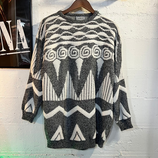 Vintage 80’s Adele Geometric Knitted Sweater - Size Large - Made In USA - Grey/White