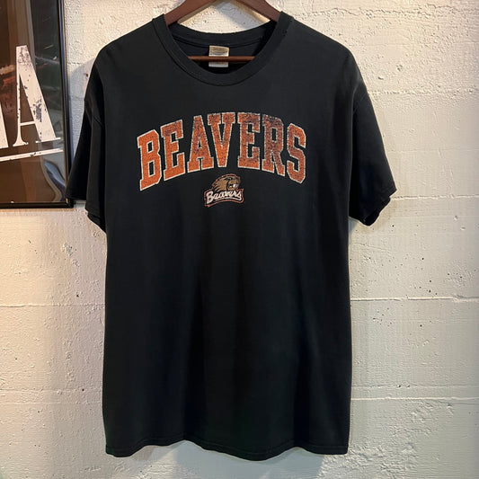 Y2K Distressed & Faded Oregon State University Beavers Collegiate Logo T-Shirt - Size Large - Black/Orange