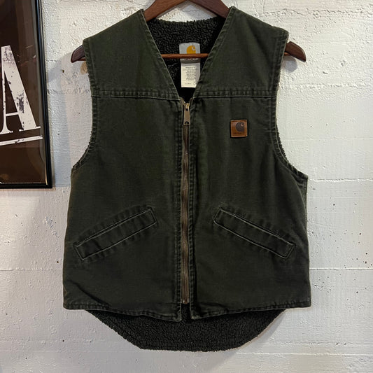 Vintage Union Made Carhartt Sherpa Lined Fleece Work Vest - Size Small - Made In USA - Moss Green - V13MOS