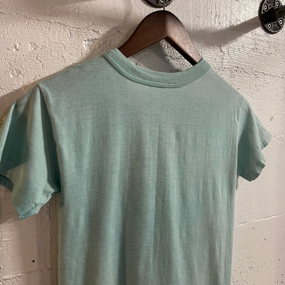 Vintage Distressed 80’s Surfing Single Stitch Graphic Baby T-Shirt - Size Youth Medium - Made In USA - Baby Blue/Multi