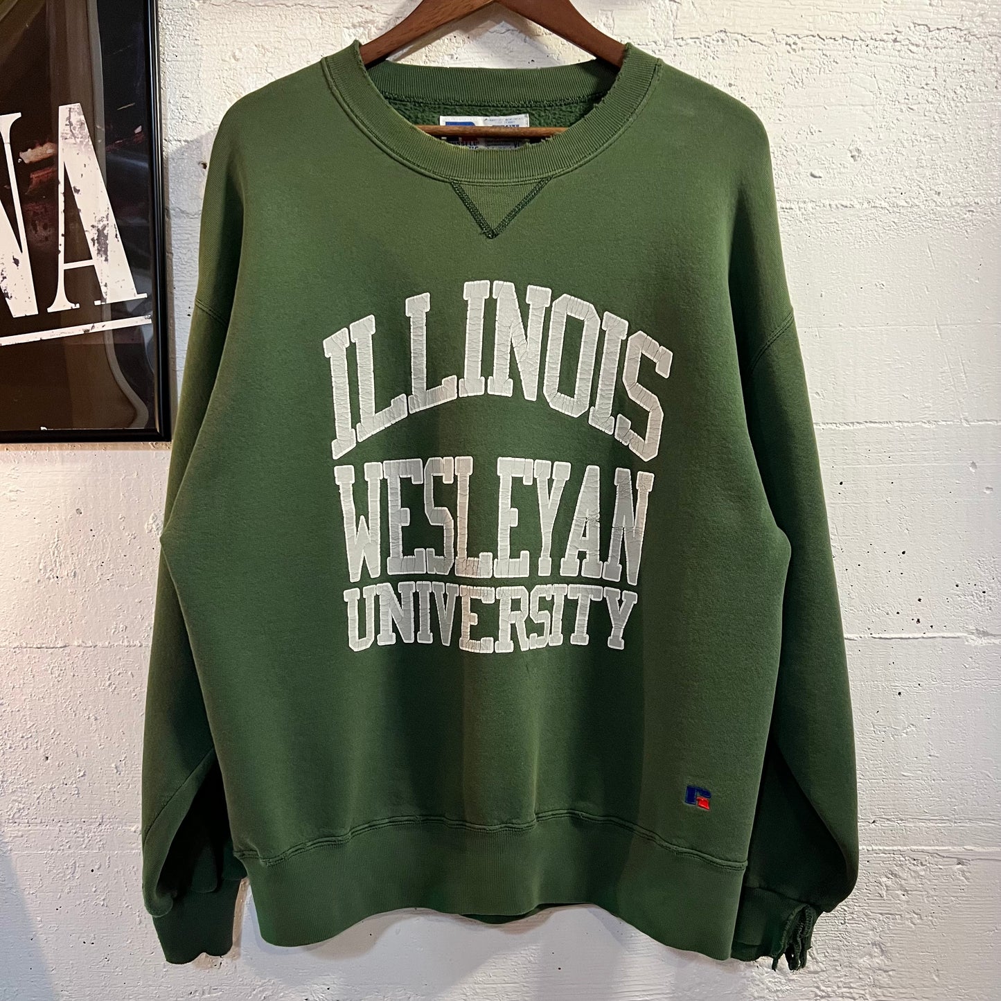 Vintage Distressed Russell Athletic High Cotton 'Illinois Wesleyan University' Collegiate Crewneck Sweatshirt -  Size XL - Made In USA - Faded Green