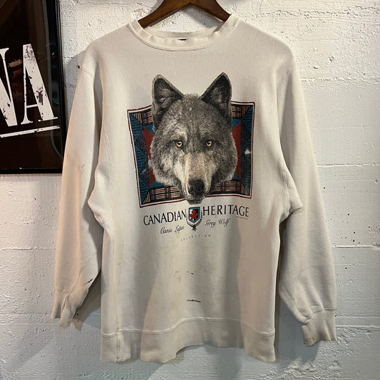 Vintage 90's Thrashed & Distressed Canadian Heritage Wolf Crewneck Sweatshirt - Size Medium - White