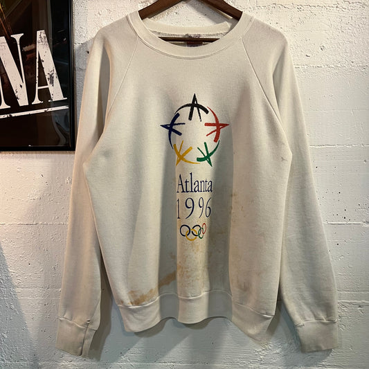 Vintage 1996 Distressed Atlanta Summer Olympics Raglan Sleeve Crewneck Sweatshirt - Size XL - Made In USA - White/Multicolors