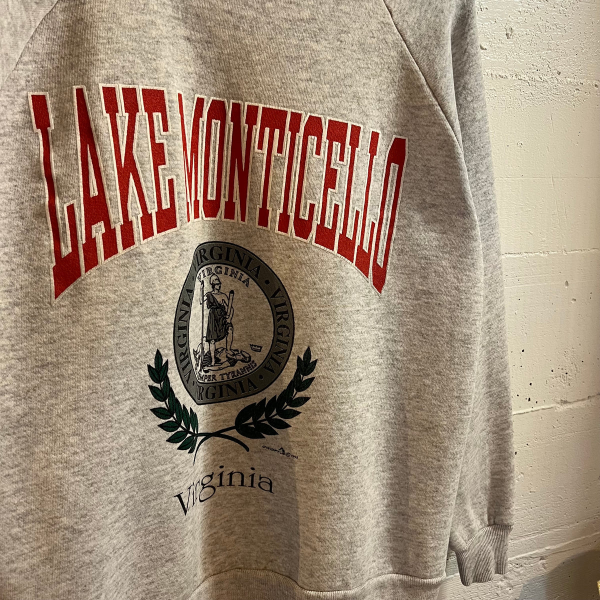 Vintage 1992 Lake Monticello, Virginia Raglan Sleeve Crewneck Sweatshirt - Size Medium - Made In USA - Heather Grey/Red/Multi