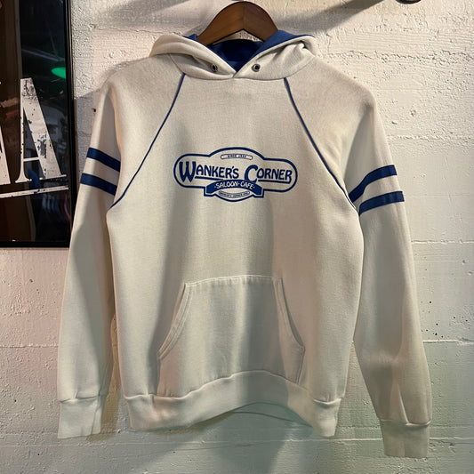 Vintage Distressed Wanker’s Corner, OR Tonal Raglan Sleeve Hoodie Sweatshirt - Size Medium - Made In USA - White/Blue
