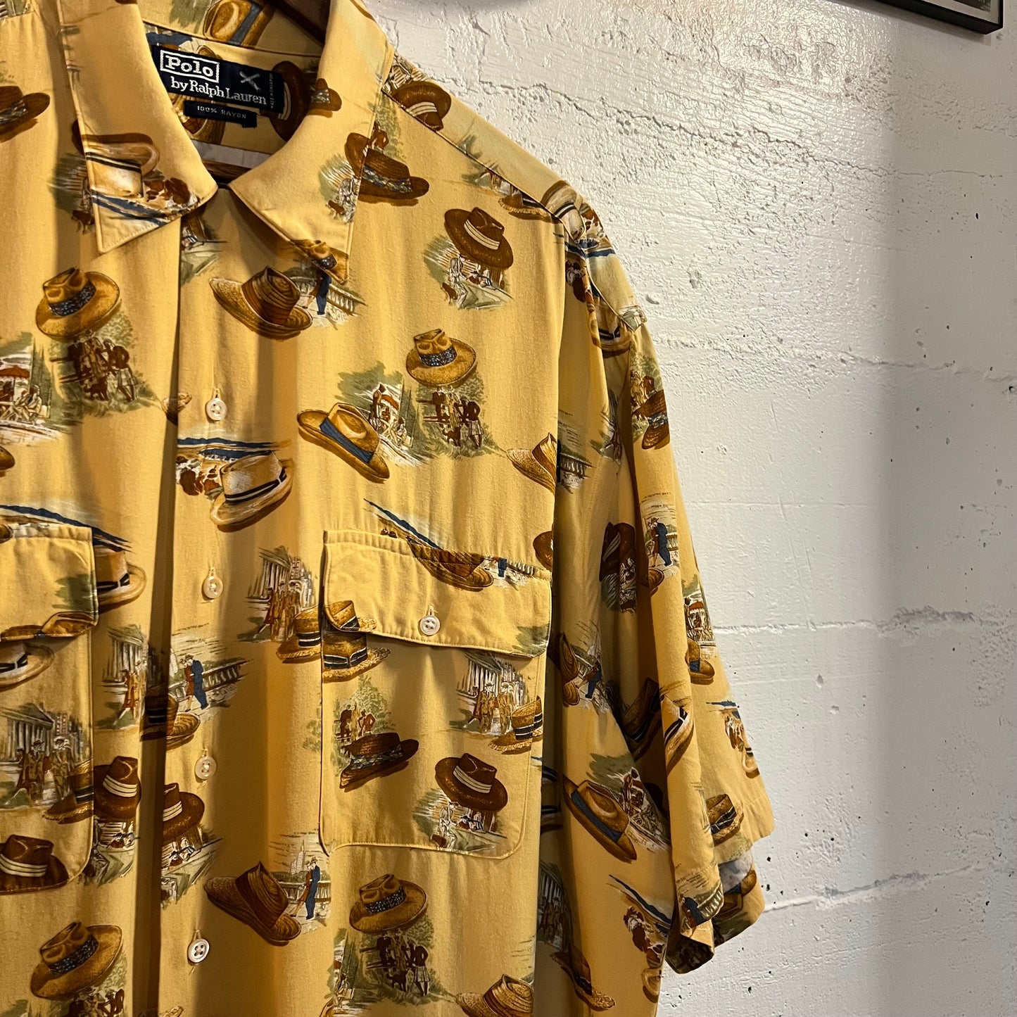 Vintage Polo Ralph Lauren Summer Hat All Over Print Rayon Loop Collar Aloha Hawaiian Shirt - Size XL - 100% Rayon