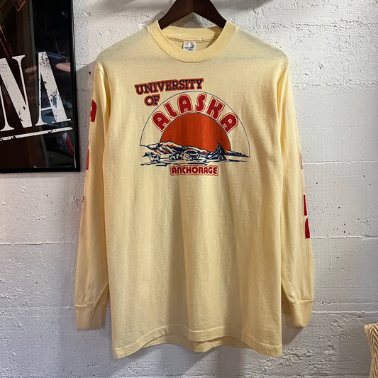 Vintage 80’s University Of Alaska, Anchorage Single Stitch Long Sleeve T-Shirt - Size Medium - Made In USA - Yellow/Navy/Orange/Red