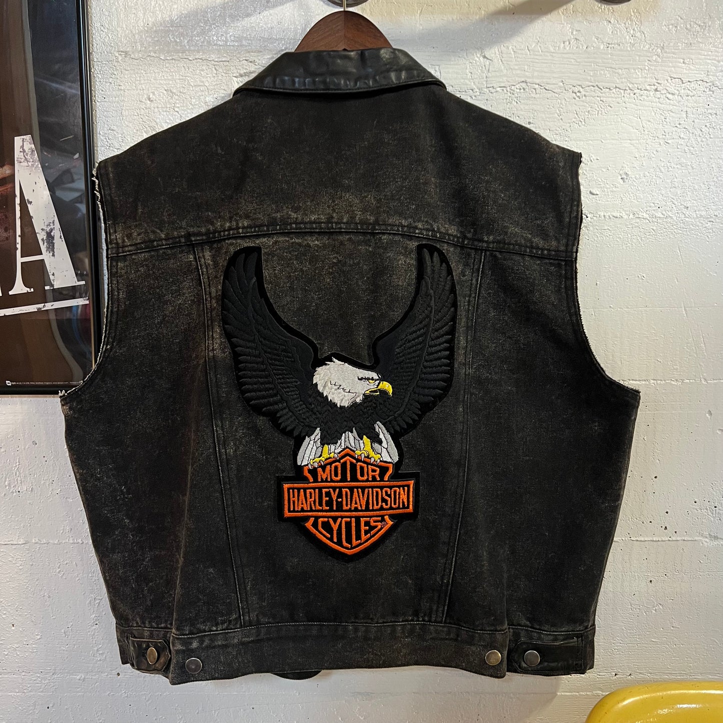 Vintage Harley Davidson Black Denim & Leather Eagle Patch Vest - Size L/XL - Black