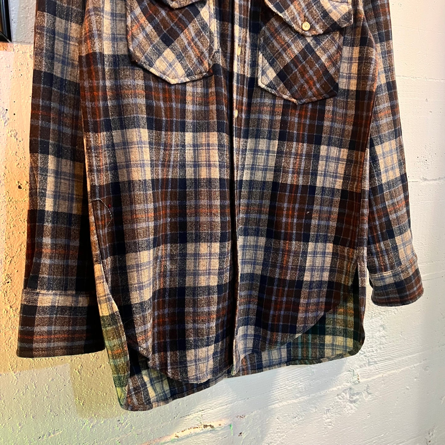 Vintage 1970's Woolrich Wool Plaid Flannel Shirt - Size Medium - Made In USA - Blue/Orange/Gray