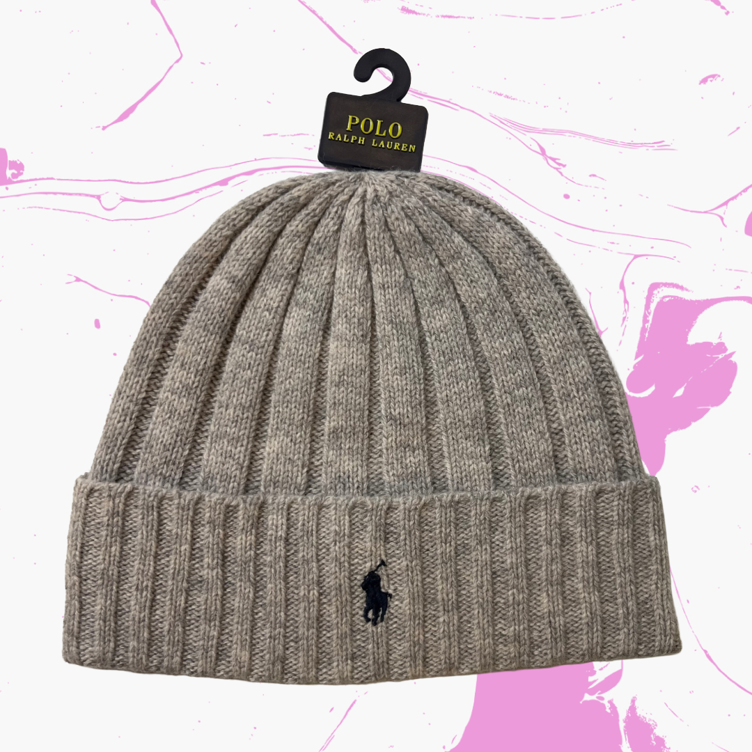 *New* Polo Ralph Lauren Embroidered Horseman Wool Blend Ribbed Knit Cuffed Beanie - O/S - Oatmeal