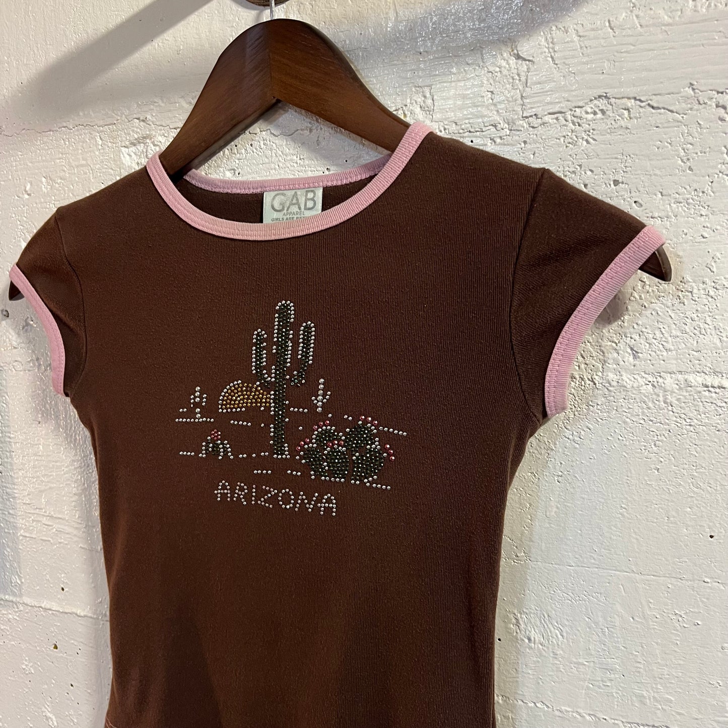 Vintage 2000's Arizona Studded Baby Tee - Size XS - Made In USA - Brown/Pink