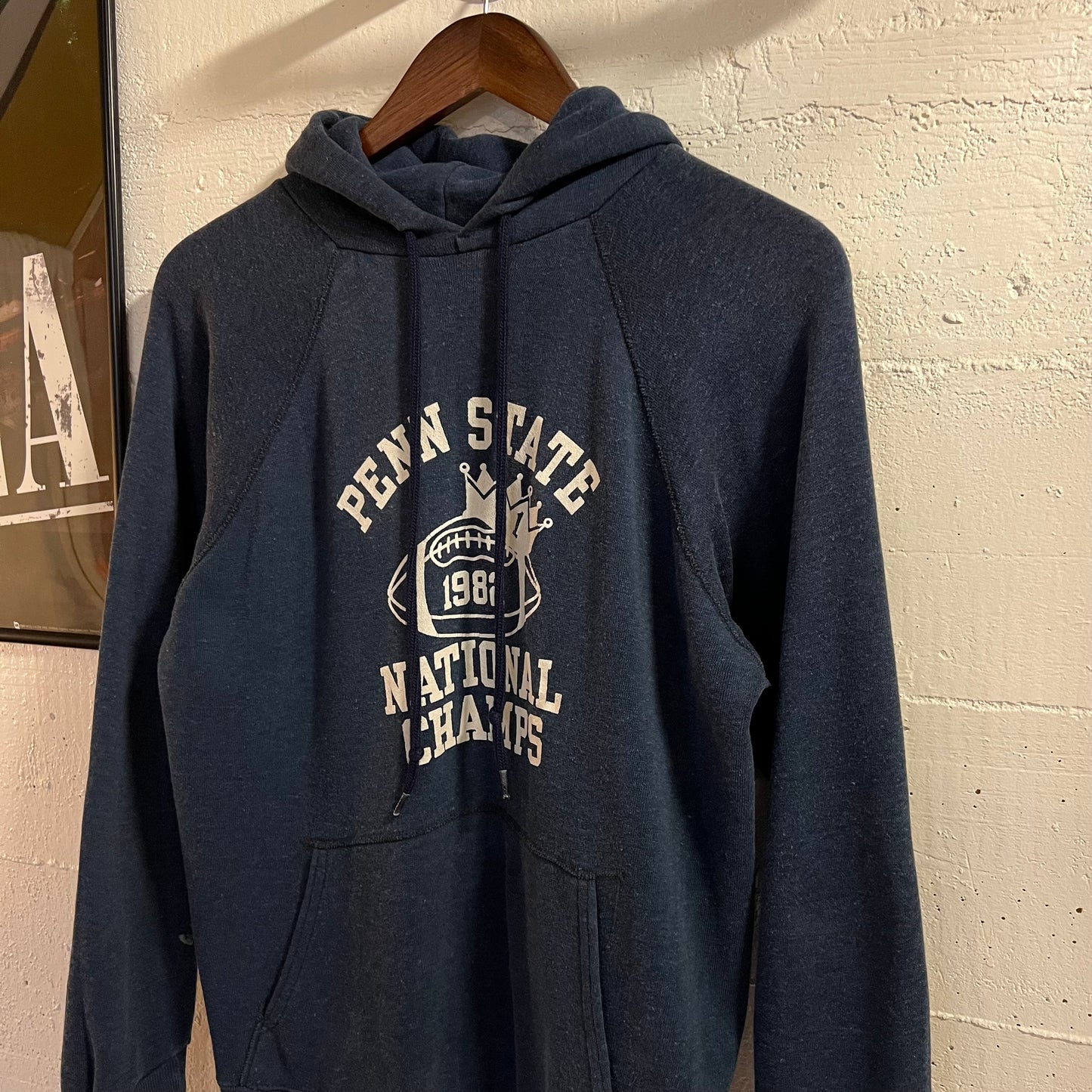 Vintage 1982 Penn State Football National Champs Raglan Hoodie Sweatshirt - Size Small - Made In USA - Navy/White