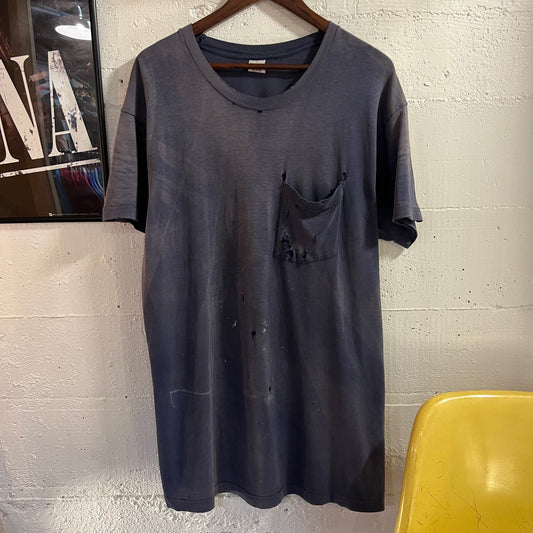 Vintage 80’s Distressed Black Single Stitch Pocket T-Shirt - Size XL - Made In USA - Faded Black