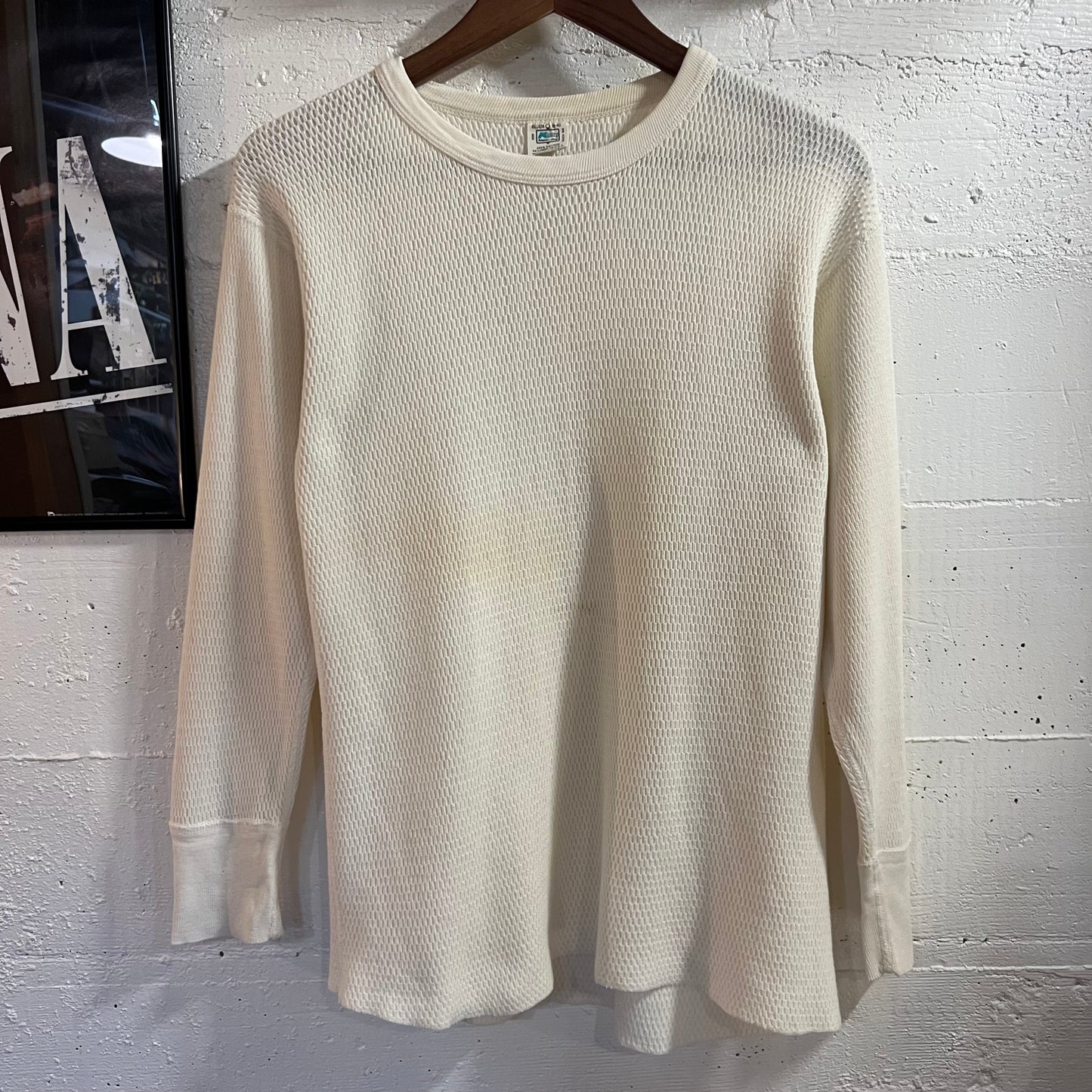 Vintage 1970’s Distressed K-Mart Waffle Knit Long Sleeve Thermal Shirt - Size Medium - Made In USA - Antique White