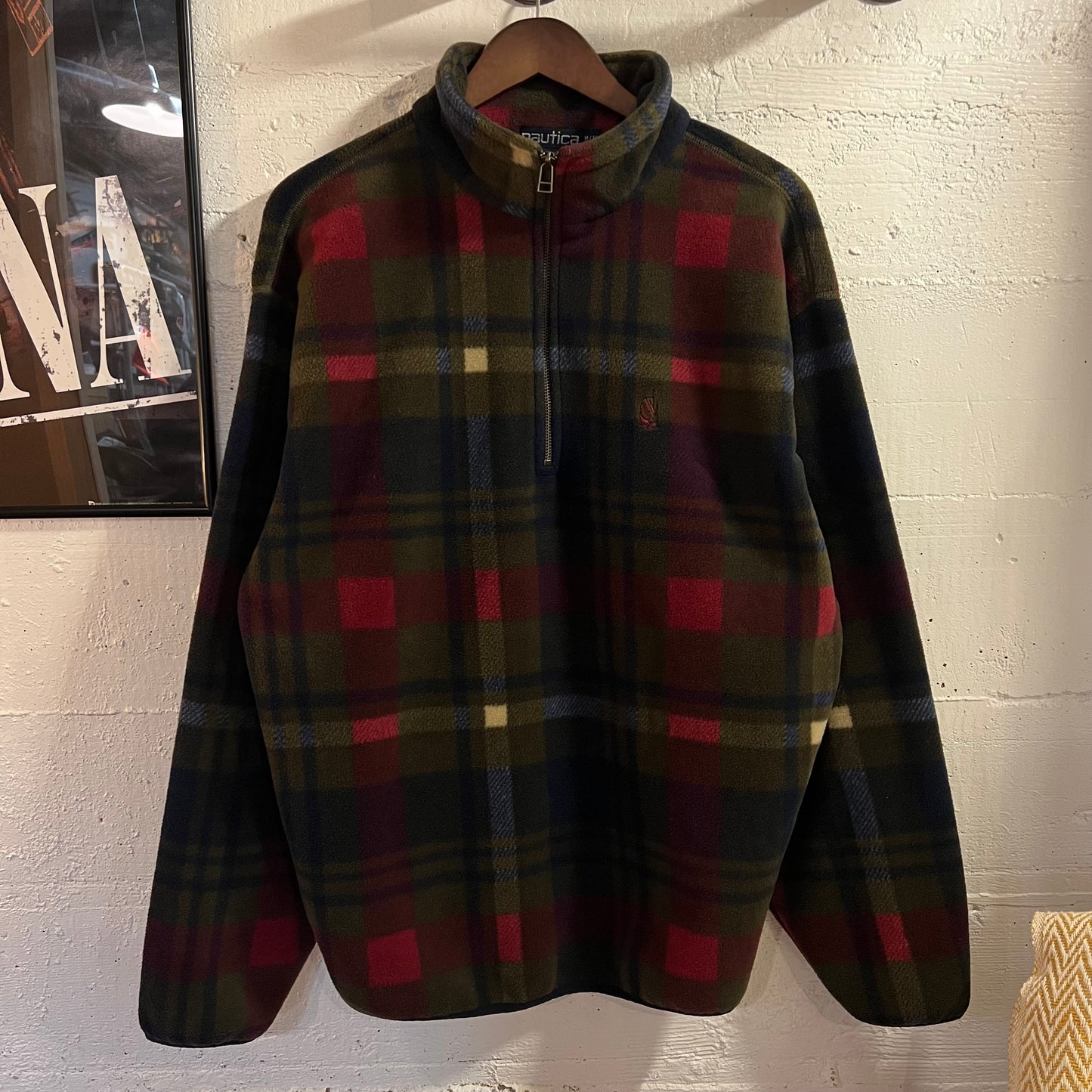Vintage 90’s Nautica Quarter Zip Plaid Pullover Fleece Jacket - Size Medium - Made In USA - Red/Navy/Olive Green/White