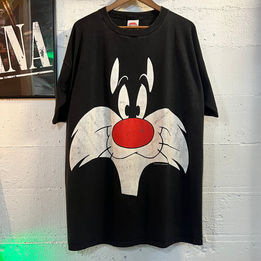 Vintage 1994 Looney Tunes Big Face Sylvester T-Shirt - Size XL - Black/White/Red