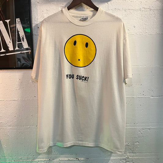 Vintage 90’s Funny ‘You Suck!’ Single Stitch T-Shirt - Size XL - Made In USA - White/Yellow/Black
