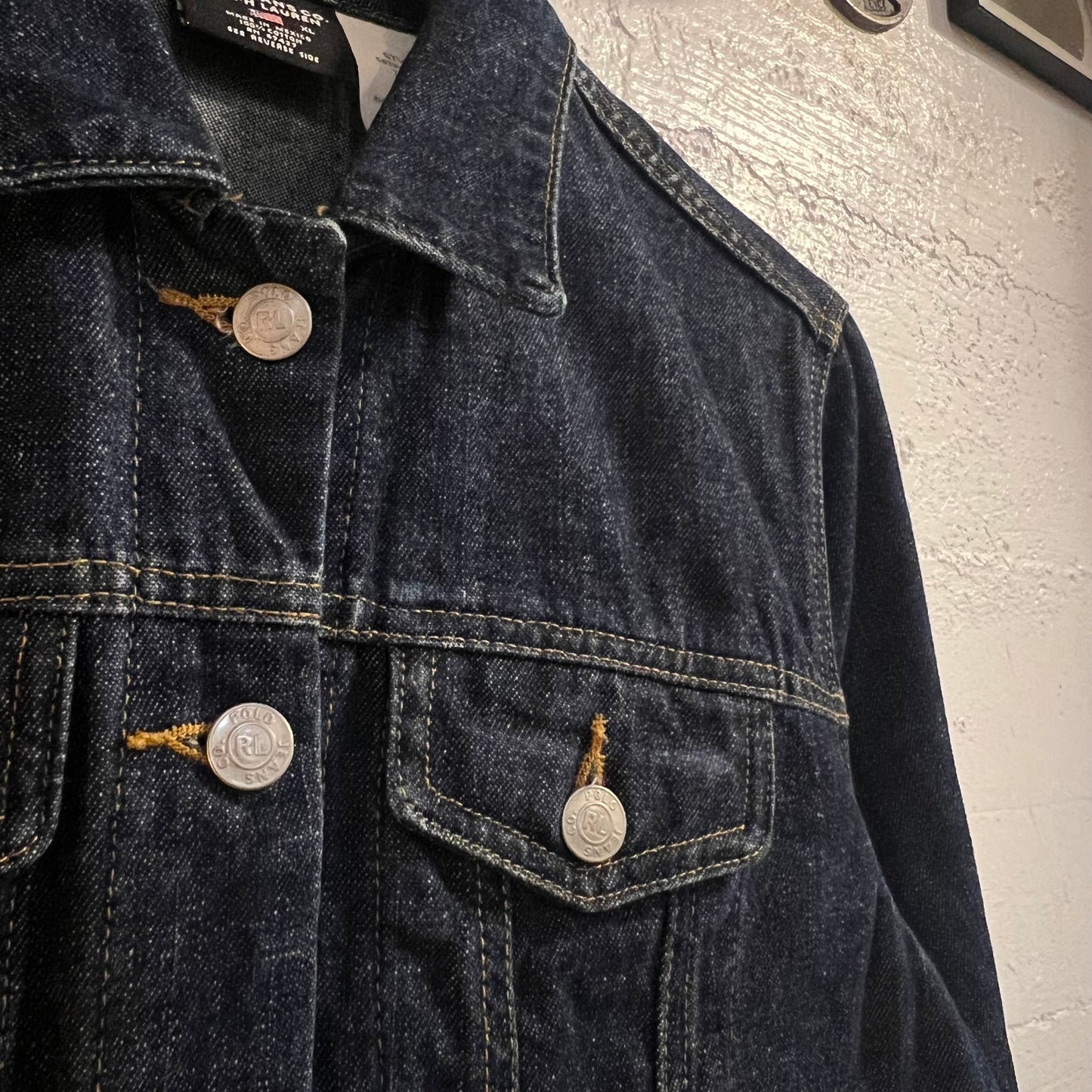 Vintage Polo Jeans Co. Ralph Lauren Rhinestone Flag Denim Trucker Jacket - Size XL - Raw Dark Indigo