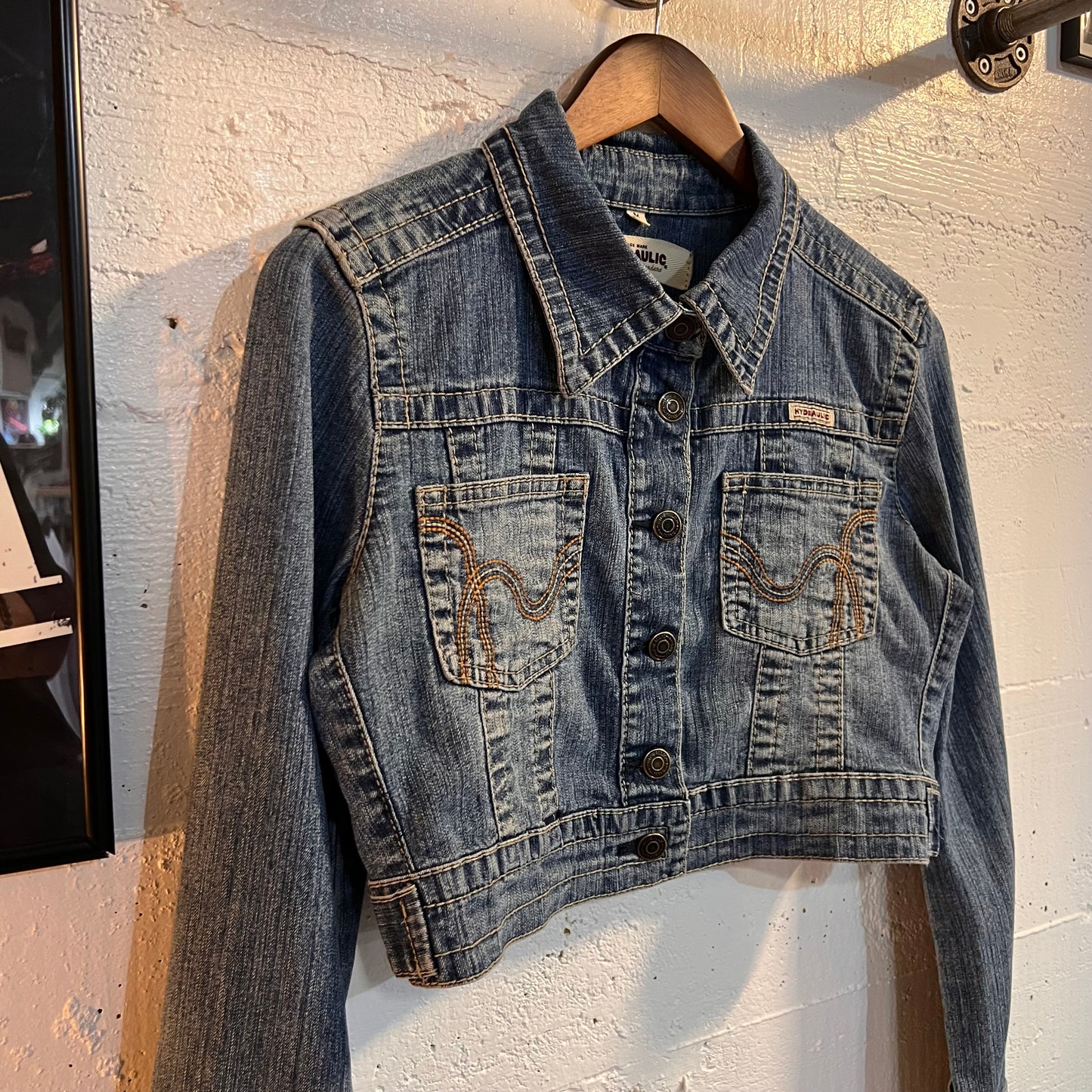 Vintage Hydraulic Button-Up Cropped Jean Jacket - Size Medium - Denim/Orange