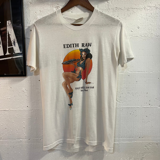 Vintage 80's 'Edith Raw' Half Shell Oyster Bar Pinup Girl Single Stitch T-Shirt - Size Medium - Made In USA