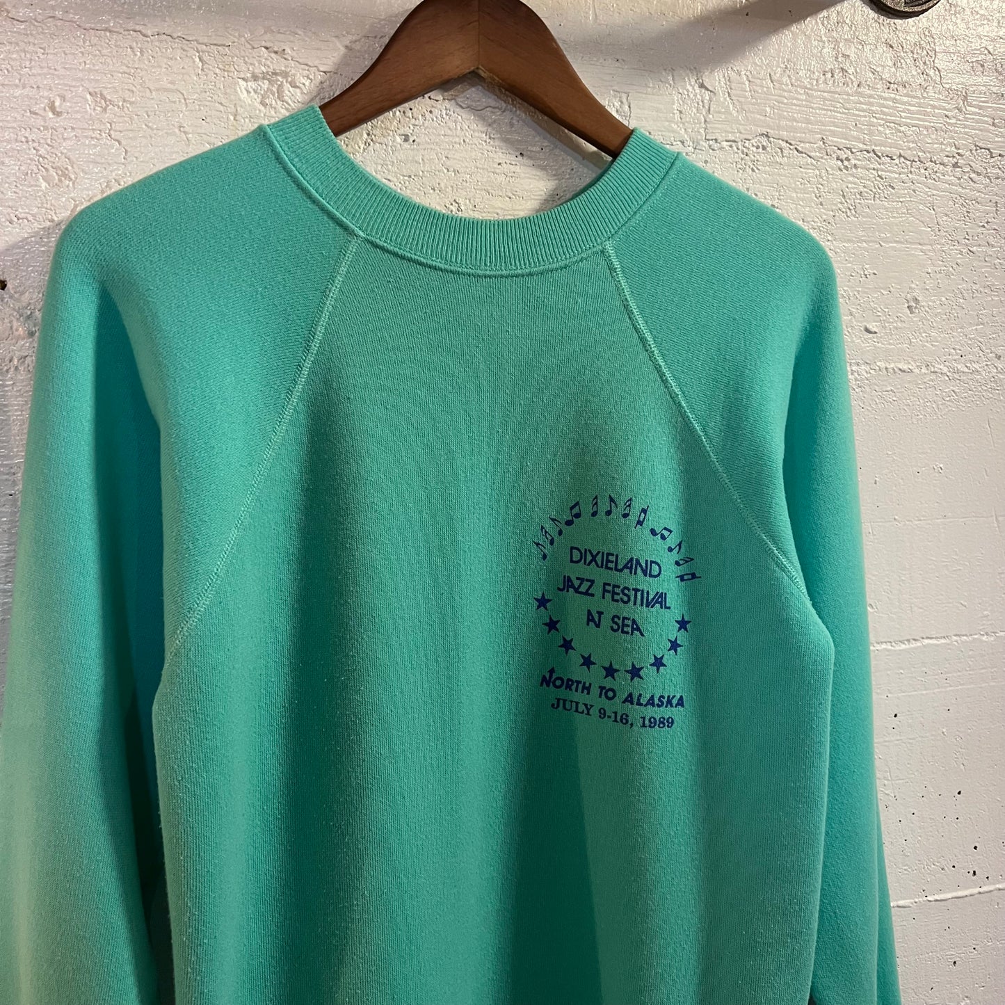 Vintage 1989 Dixieland Jazz Festival At Sea Raglan Crewneck Sweatshirt - Size Small - Made In USA - Mint Green/Indigo