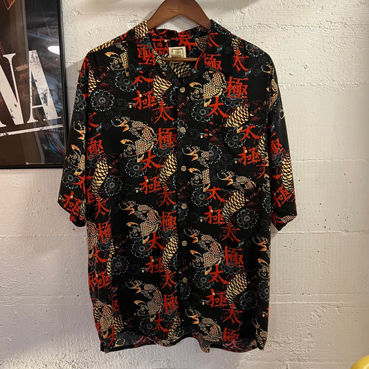 Vintage 90's Morro Bay Rayon All Over Print Kanji/Koi Loop Collar Aloha Shirt - Size Medium - Multicolor