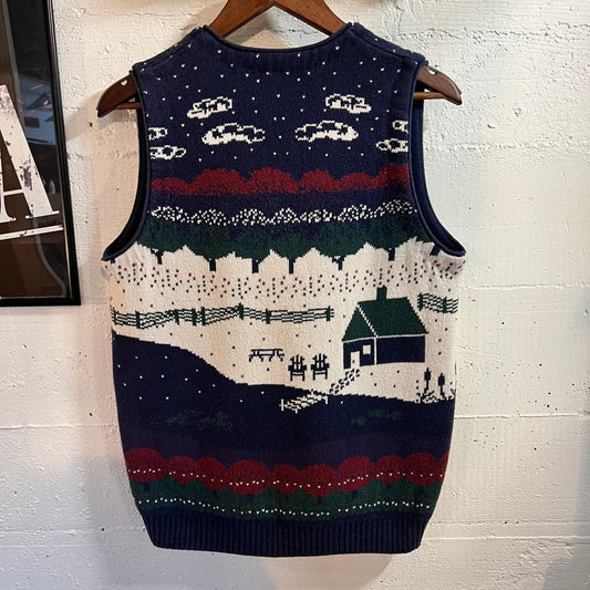 Vintage 90’s Northern Reflection Winter Scene Knitted Sweater Buttoned Vest - Size Small - Made In Canada - Multicolor