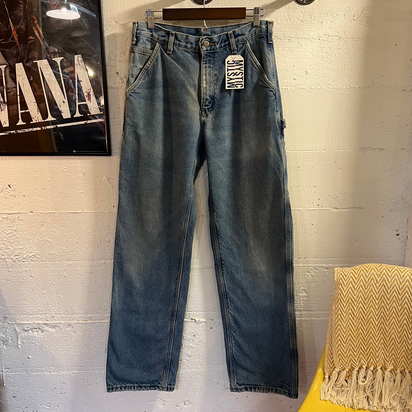2000's Distressed Carhartt Flannel Lined Dungaree Fit Denim Carpenter Jeans - Size 31" x 34" - Light Wash Indigo - B236-DST
