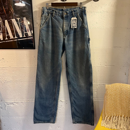 2000's Distressed Carhartt Flannel Lined Dungaree Fit Denim Carpenter Jeans - Size 31" x 34" - Light Wash Indigo - B236-DST