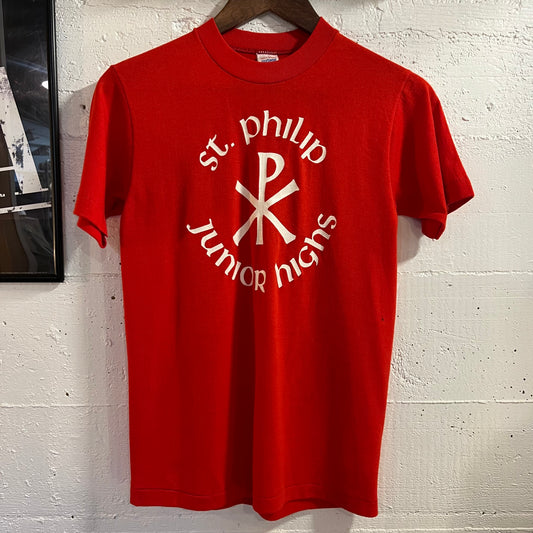 Vintage 80’s St. Philip Junior Highs Single Stitch T-Shirt - Size Small - Made In USA - Red/White