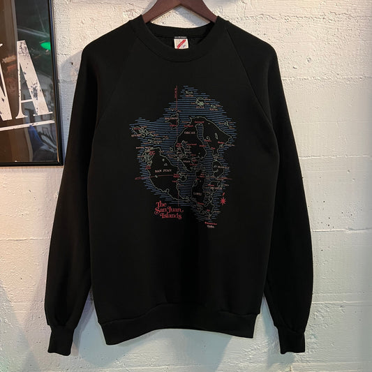 Vintage 90's Jerzees 'The San Juan Islands' Map Raglan Sleeve Crewneck Sweatshirt - Size Large - Made In USA - Black/Multicolor