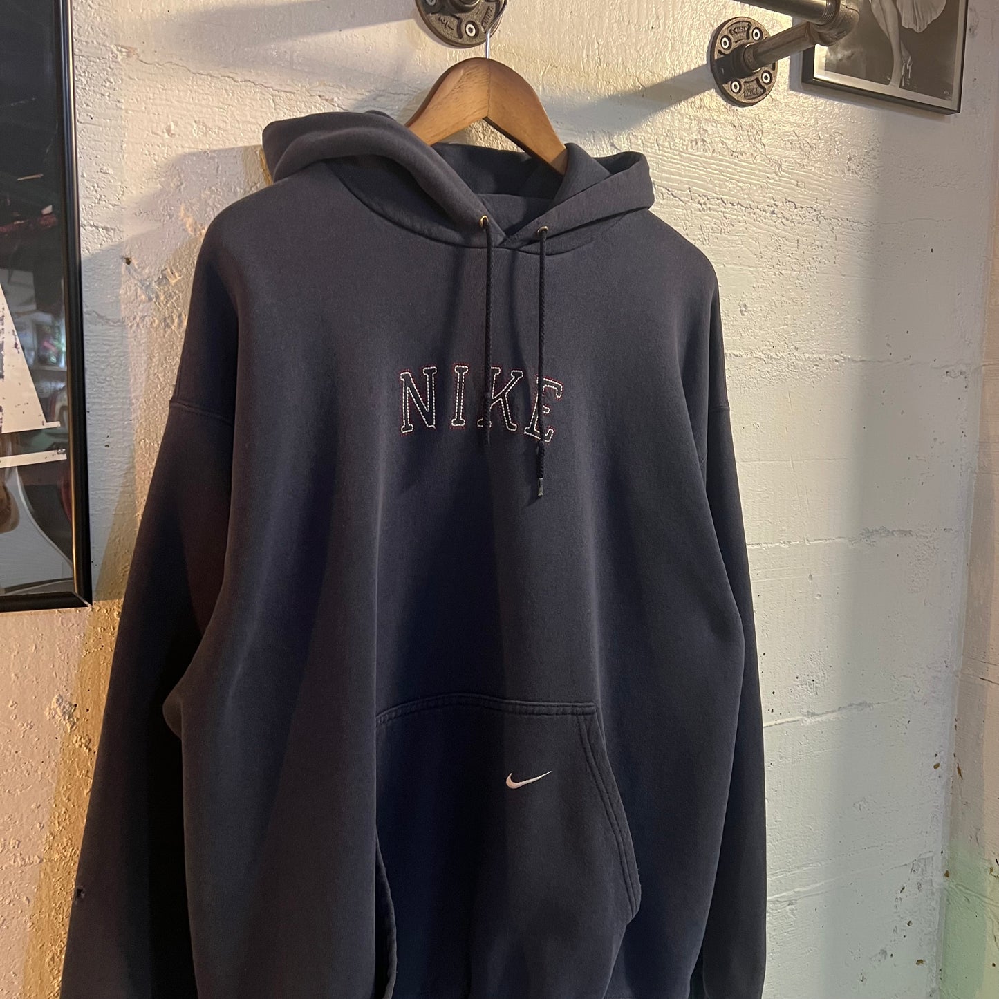 Vintage 90's Nike Spellout Embroidered 'Tracing' Distressed Hoodie Sweatshirt - Size Large - Made In USA - Navy