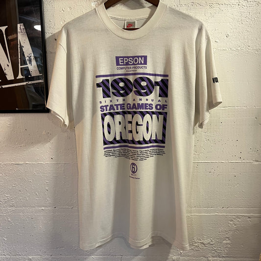 Vintage 1991 Nike State Games Of Oregon ‘Volunteer’ Single Stitch T-Shirt - Size XL - Made In USA - White/Purple/Black