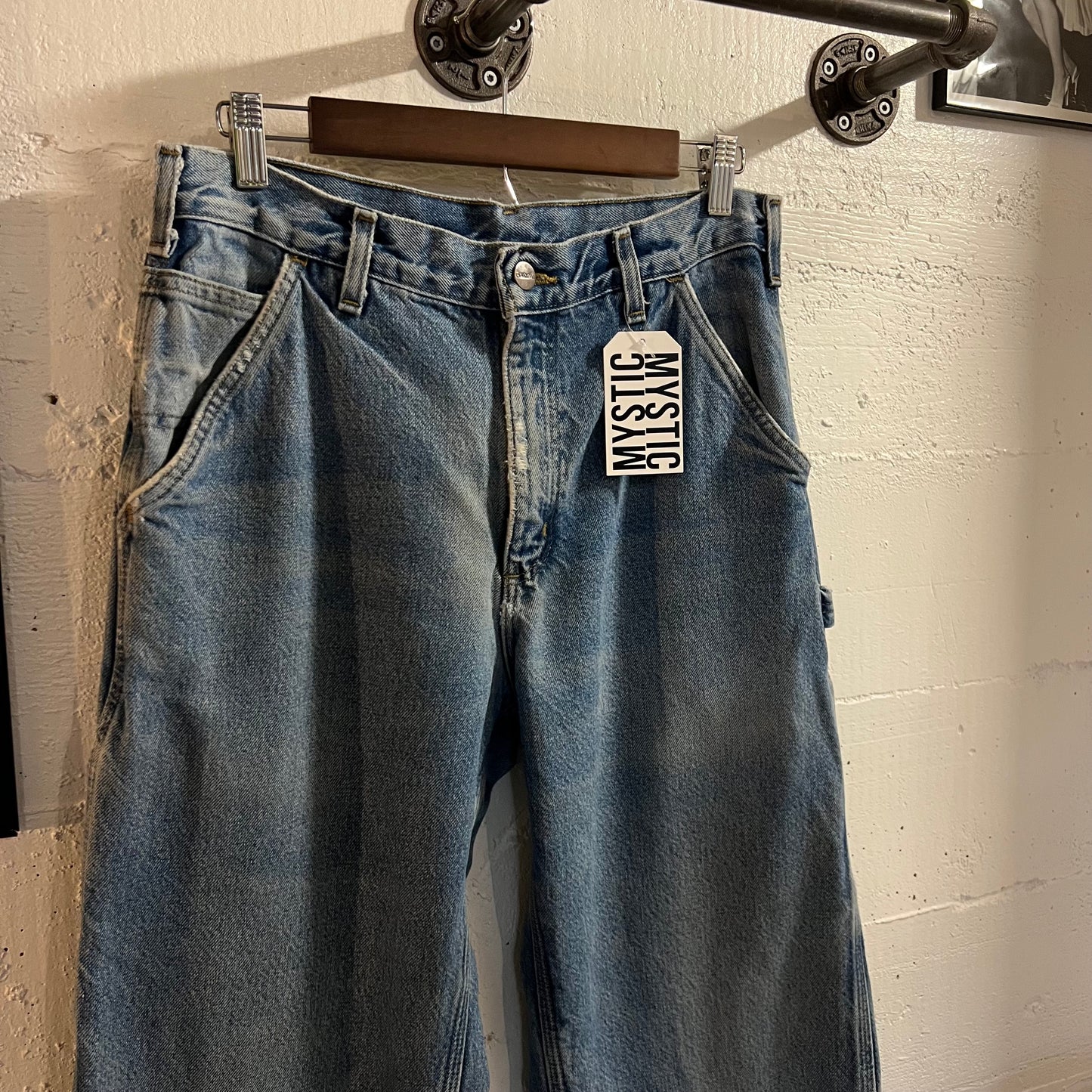 2000's Distressed Carhartt Flannel Lined Dungaree Fit Denim Carpenter Jeans - Size 31" x 34" - Light Wash Indigo - B236-DST