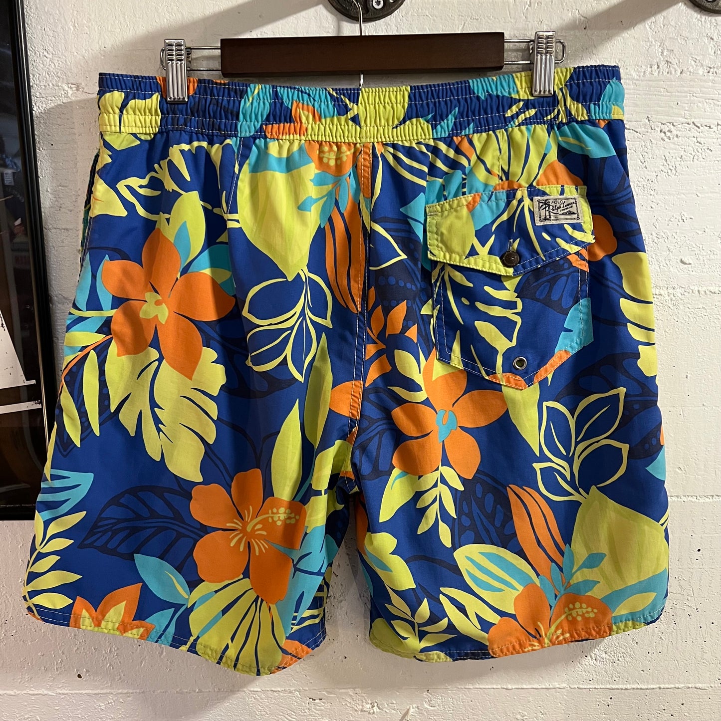 Polo Ralph Lauren Swimwear Tropical Floral Print Swim Trunks - Size Medium - Blue/Orange/Chartreuse