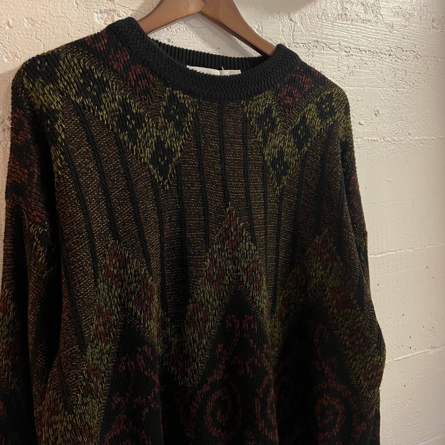 Vintage 90’s Robert Bruce Geometric Patterned Knitted Sweater - Size XL - Made In USA - Black/Red/Olive Green